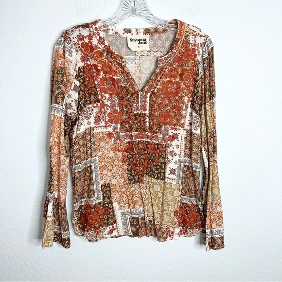 Savanna Jane Top Women Small Blouse Shirt Floral Embroidered Patchwork Boho T - Picture 1 of 7
